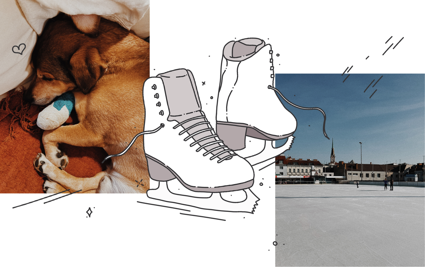 collage of rufus, ice rink and figure skates