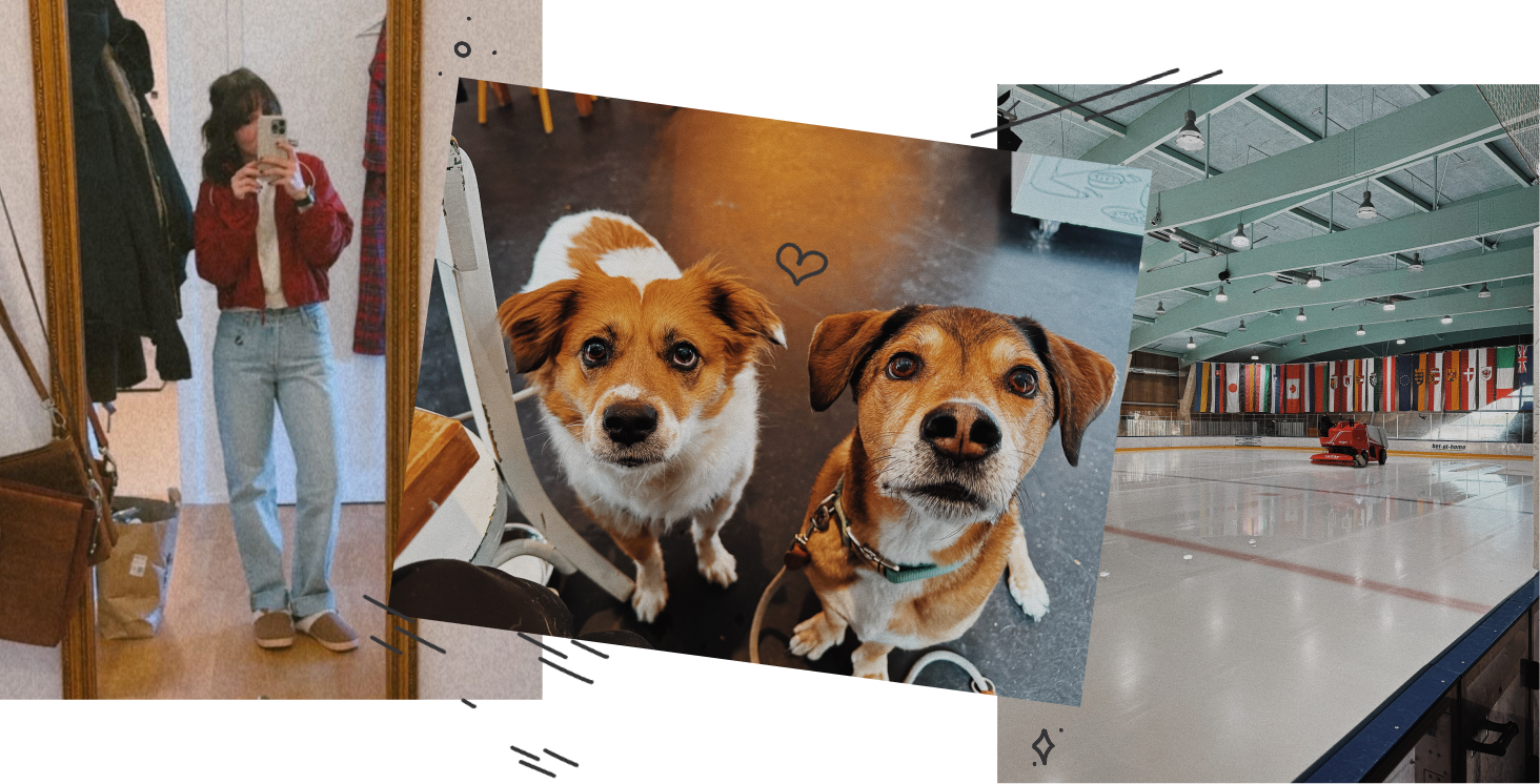 collage of rufus+ari, ice rink and a mirror selfie